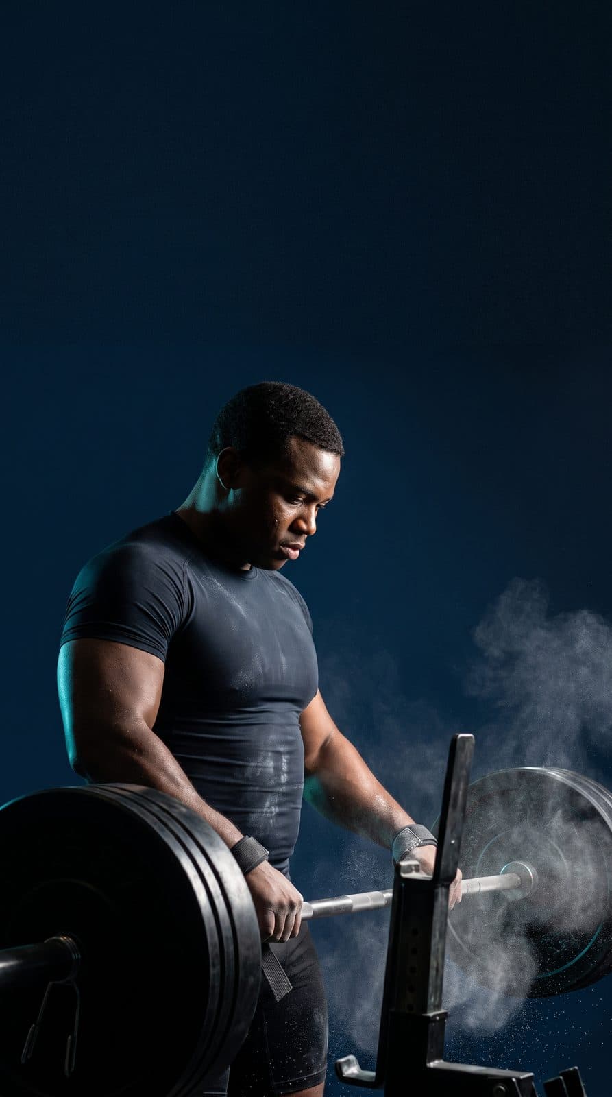 An athlete setting up at a loaded barbell